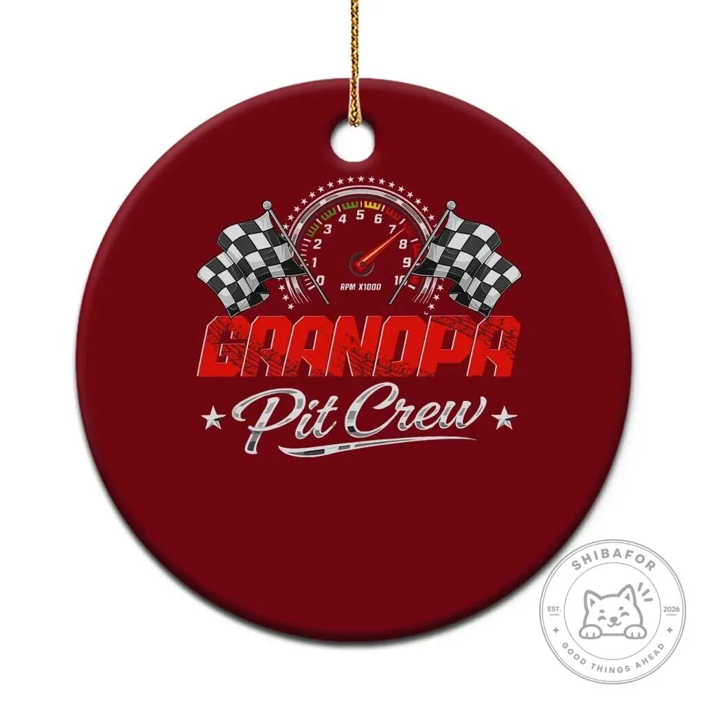 Grandpa Pit Crew Racing Flag Tachometer Ceramic Christmas Ornament