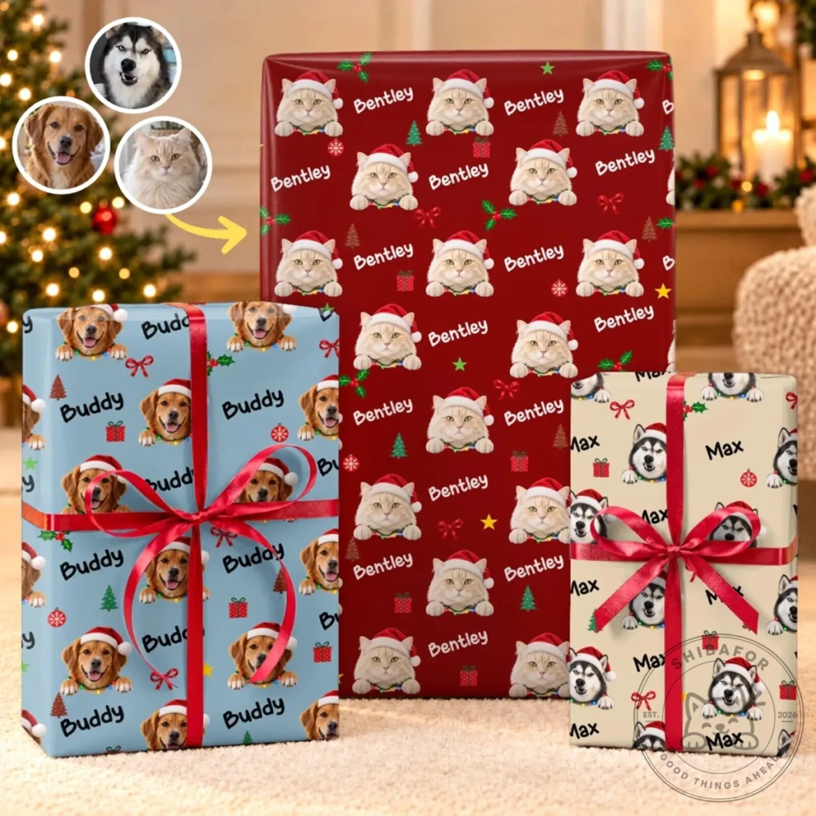 Personalized Pet Photo Christmas Holiday Wrapping Paper
