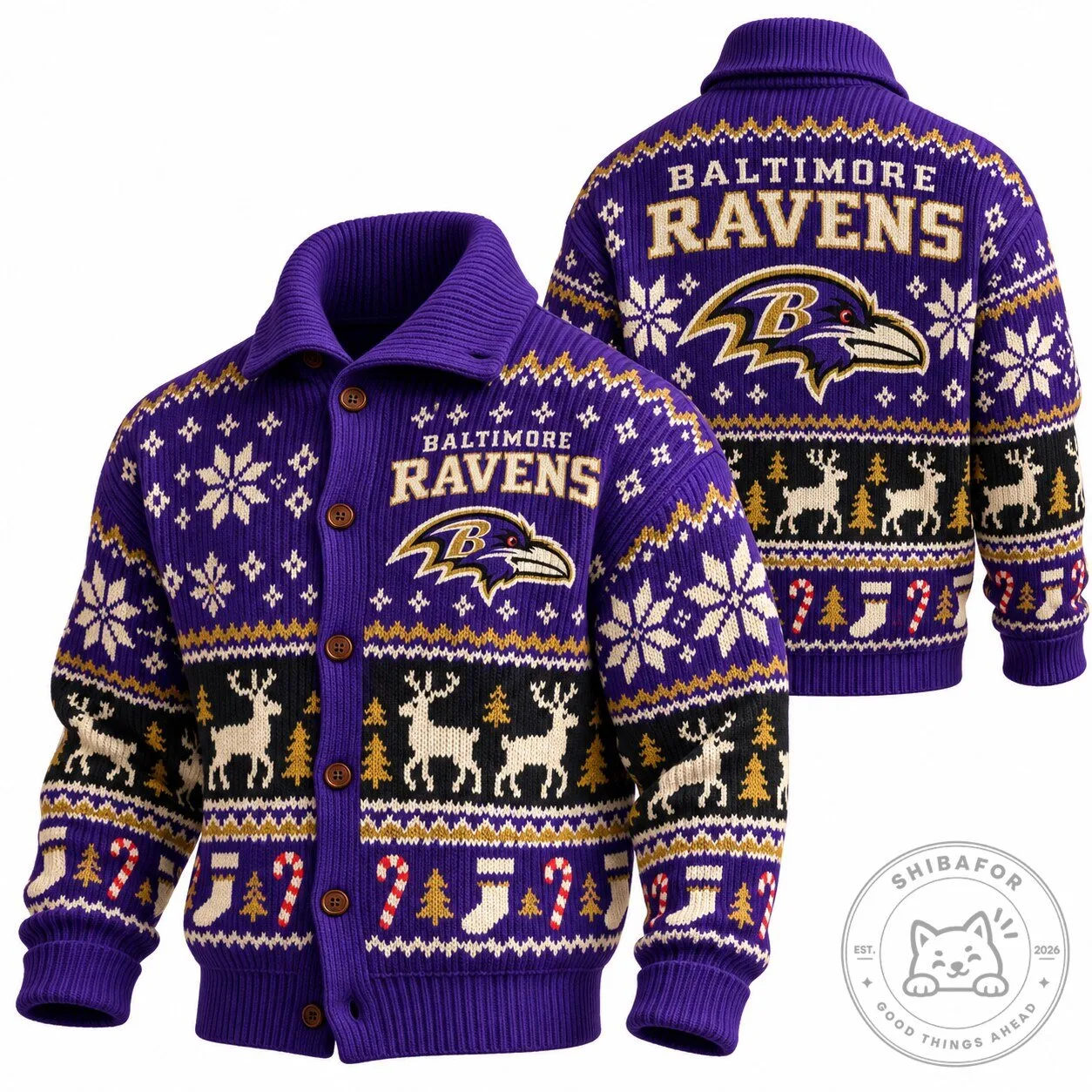 Baltimore Ravens Ugly Christmas Sweater Cardigan Knit Button-Up Jacket