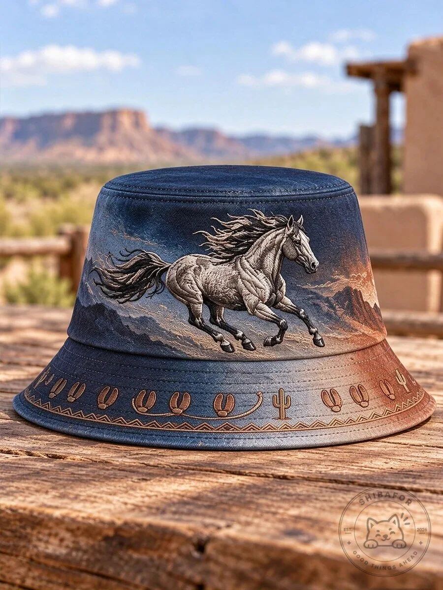Western Cowboy Culture Horse Running Desert Landscape Bucket Hat