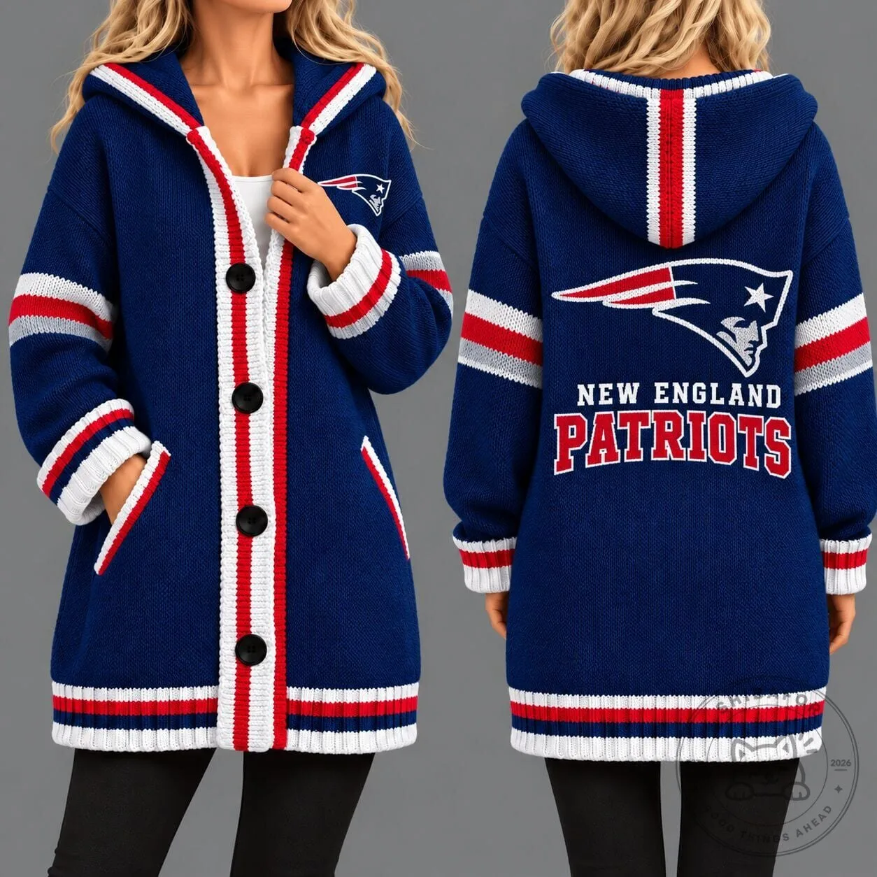 New England Patriots NFL Football Team Logo Knitted Cardigan Hoodie for Women