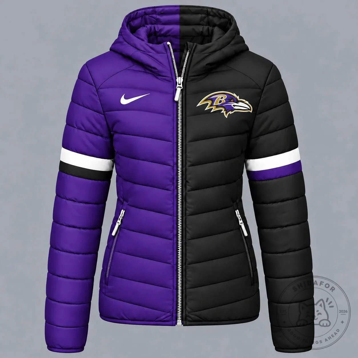 Baltimore Ravens NFL Team Logo Split Panel Hooded Puffer Jacket