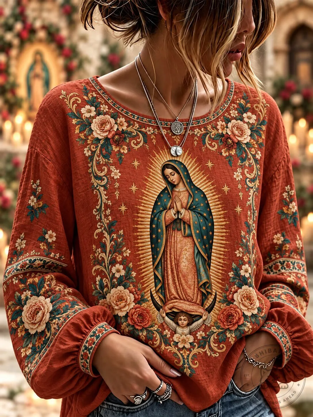 Long-Sleeve Top with Floral Design of Our Lady of Guadalupe