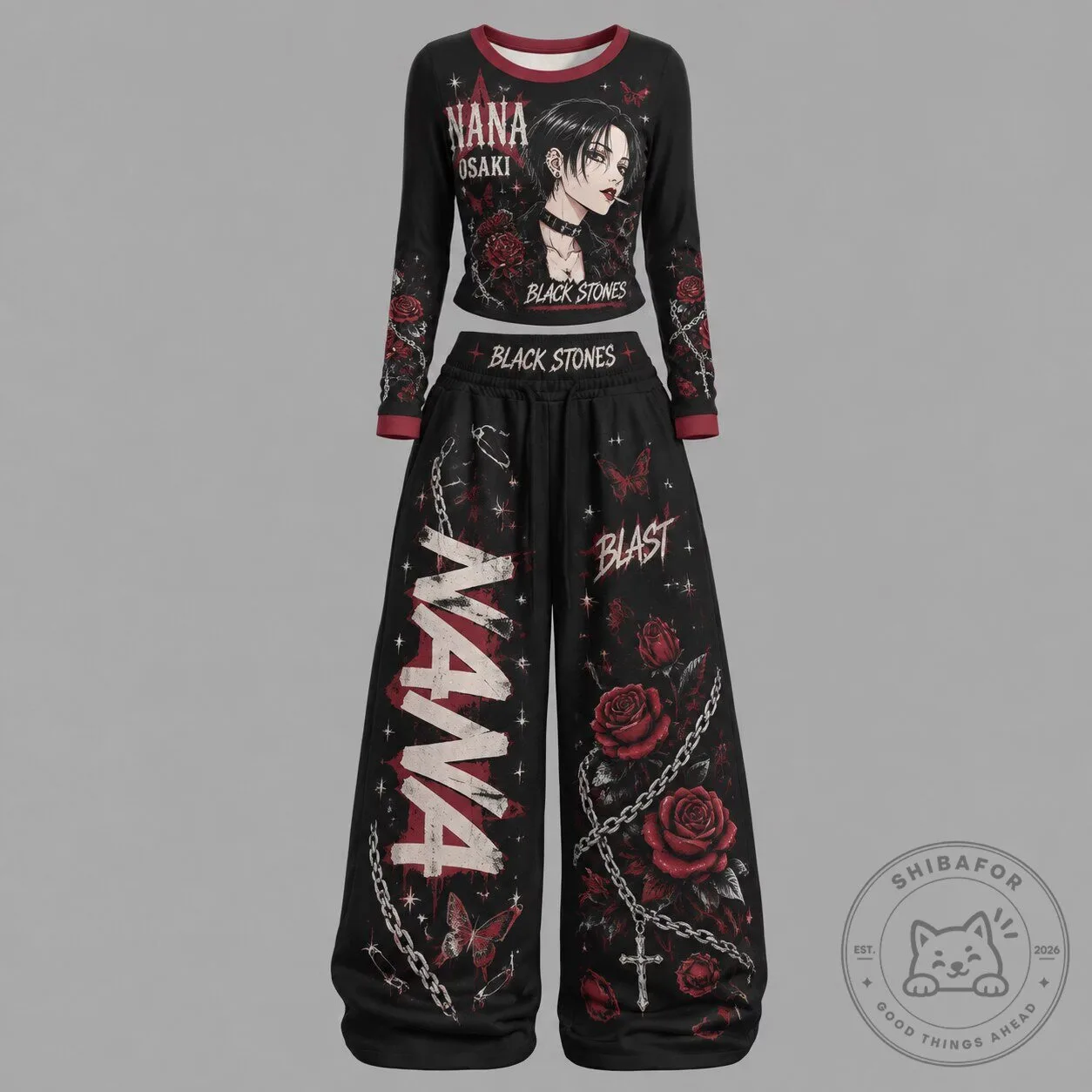 Nana Osaki Black Stones Anime Manga Goth Punk Long Sleeve Crop Top and Pants Set