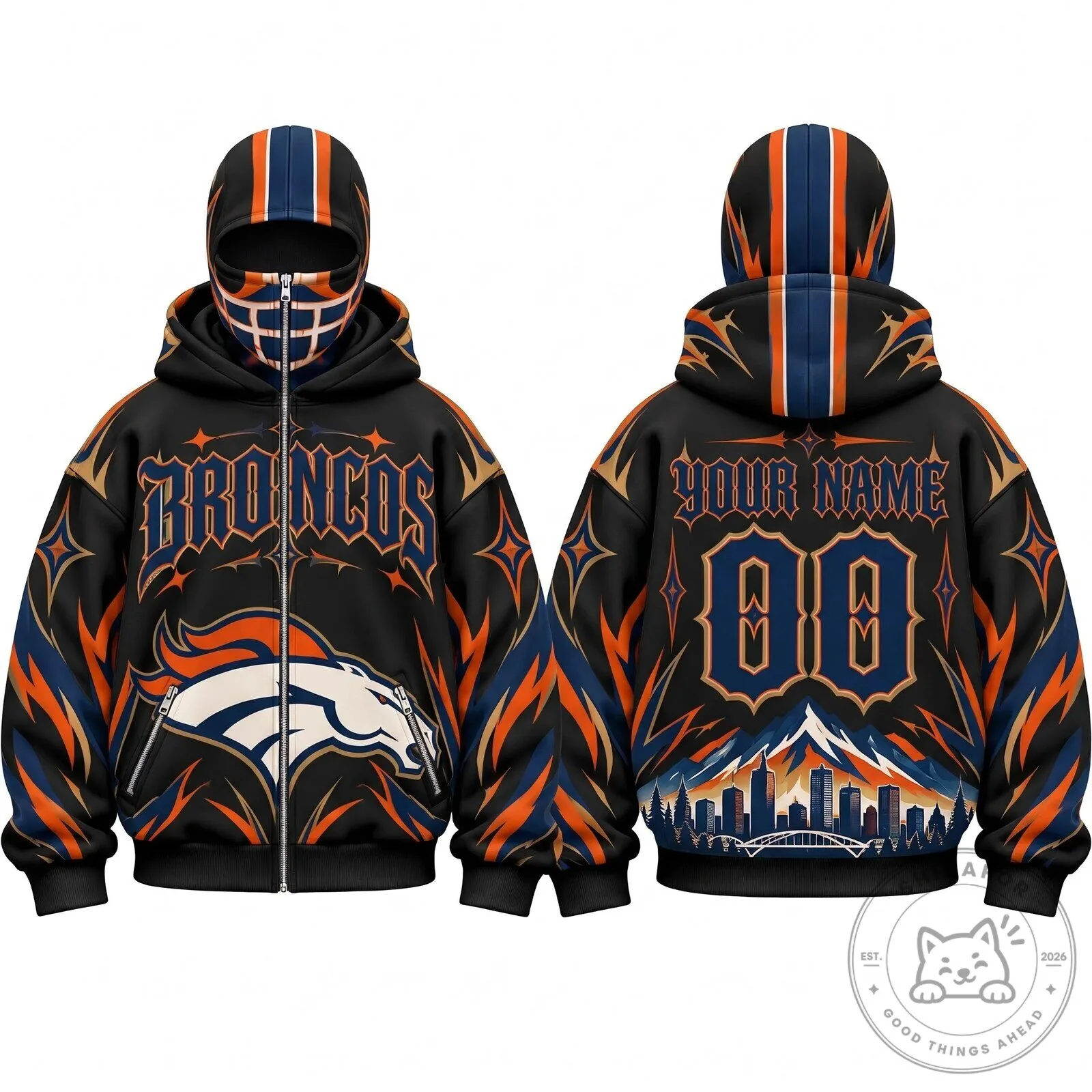Denver Broncos Football Team Custom Name Number Full-Zip Hoodie 2 Denver Broncos Football Team Custom Name Number Full-Zip Hoodie