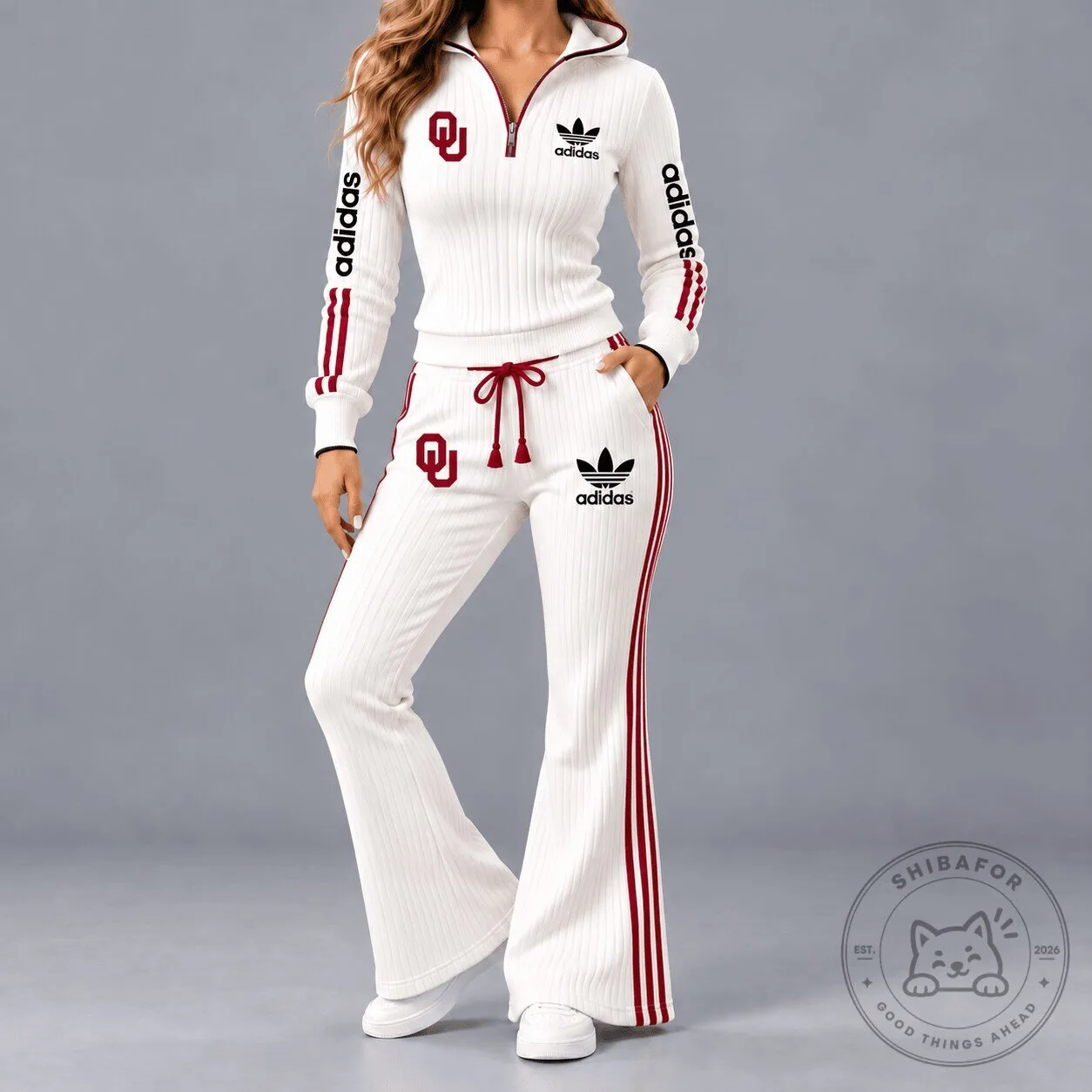Oklahoma Sooners Adidas White Quarter-Zip Hoodie with Bell Bottom Pants Set 1 Oklahoma Sooners Adidas White Quarter-Zip Hoodie with Bell Bottom Pants Set