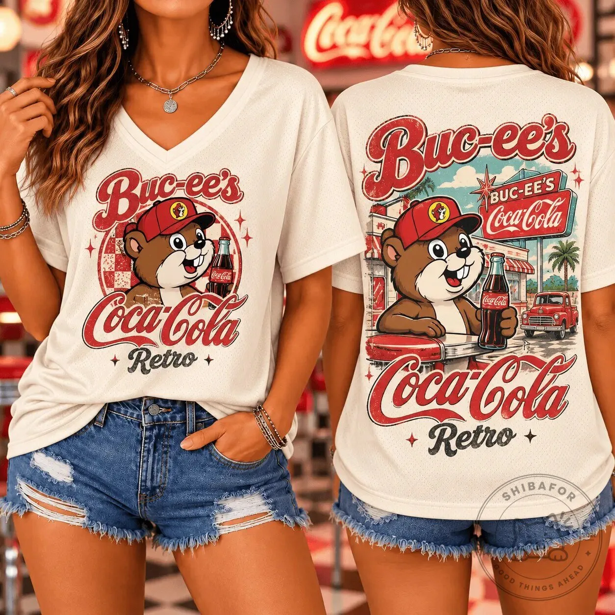 Buc-ee's Coca-Cola Retro Graphic V-Neck T-Shirt