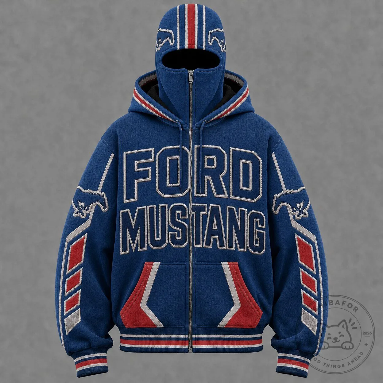 Ford Mustang Blue Full-Zip Balaclava Hoodie With Embroidered Lettering 1 Ford Mustang Blue Full-Zip Balaclava Hoodie With Embroidered Lettering