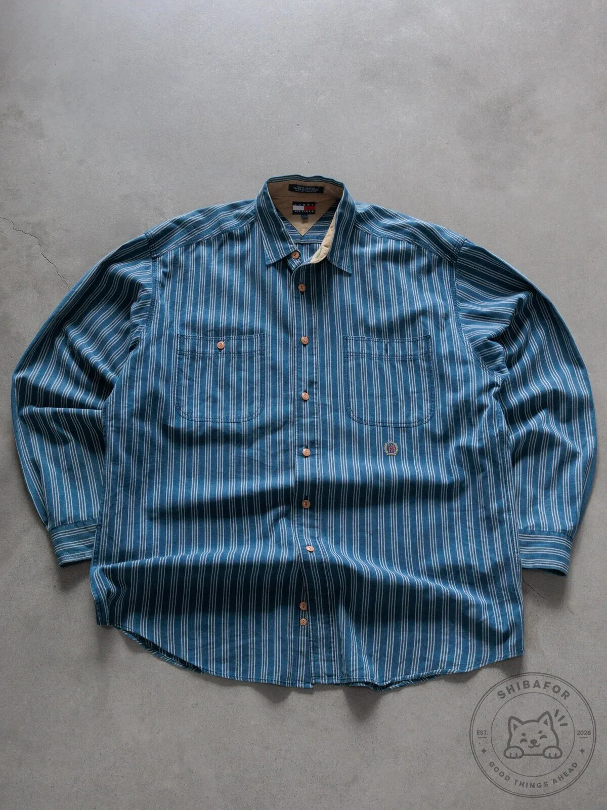 Vintage Tommy Hilfiger Blue Striped Long Sleeve Button-Up Shirt
