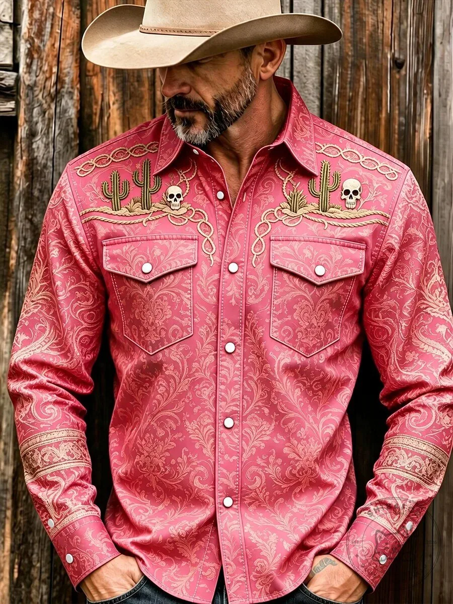 Men's Pink Western Cowboy Skull Cactus Embroidered Long-Sleeve Shirt