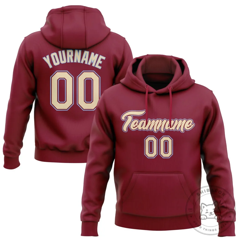 Custom Stitched Crimson Cream Light Blue Pullover Hoodie with Team Name and Number Custom Stitched Crimson Cream Light Blue Pullover Hoodie with Team Name and Number