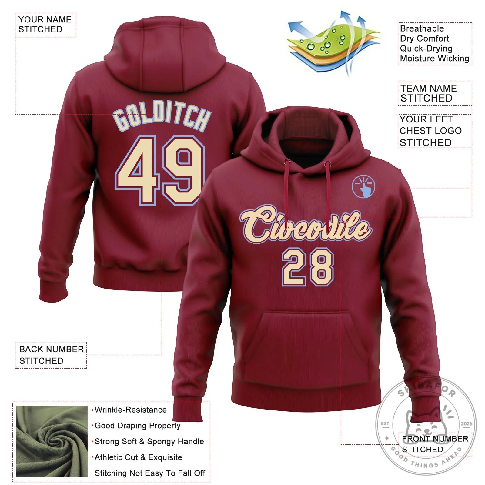 Custom Stitched Crimson Cream Light Blue Pullover Hoodie with Team Name and Number 9 Custom Stitched Crimson Cream Light Blue Pullover Hoodie with Team Name and Number
