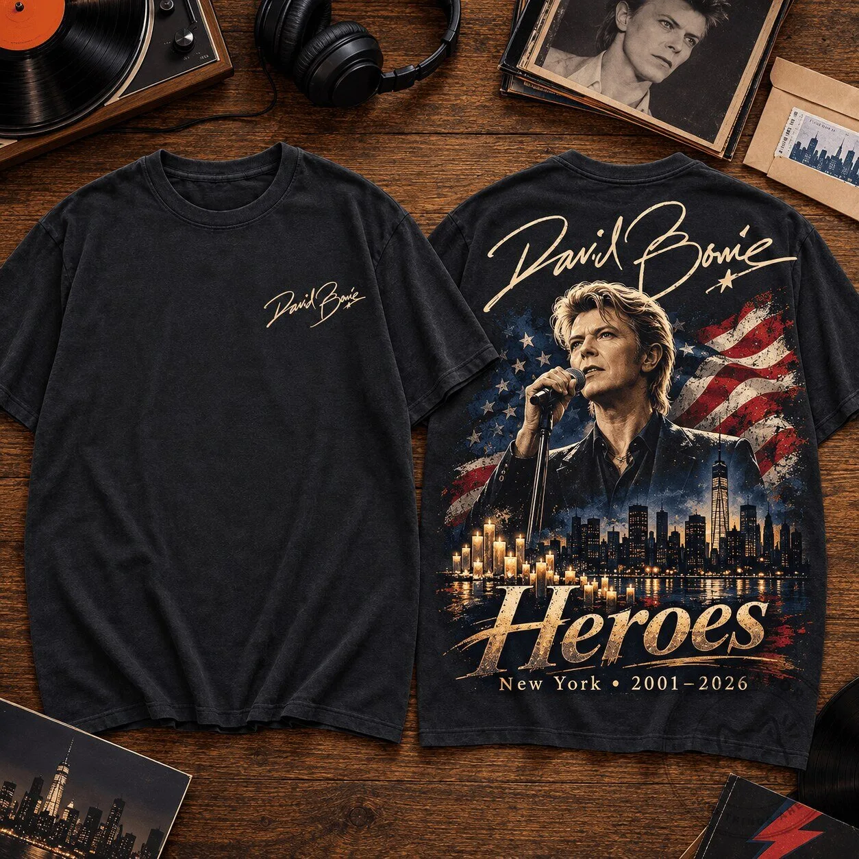 David Bowie Heroes New York Skyline Concert Tour Black T-Shirt